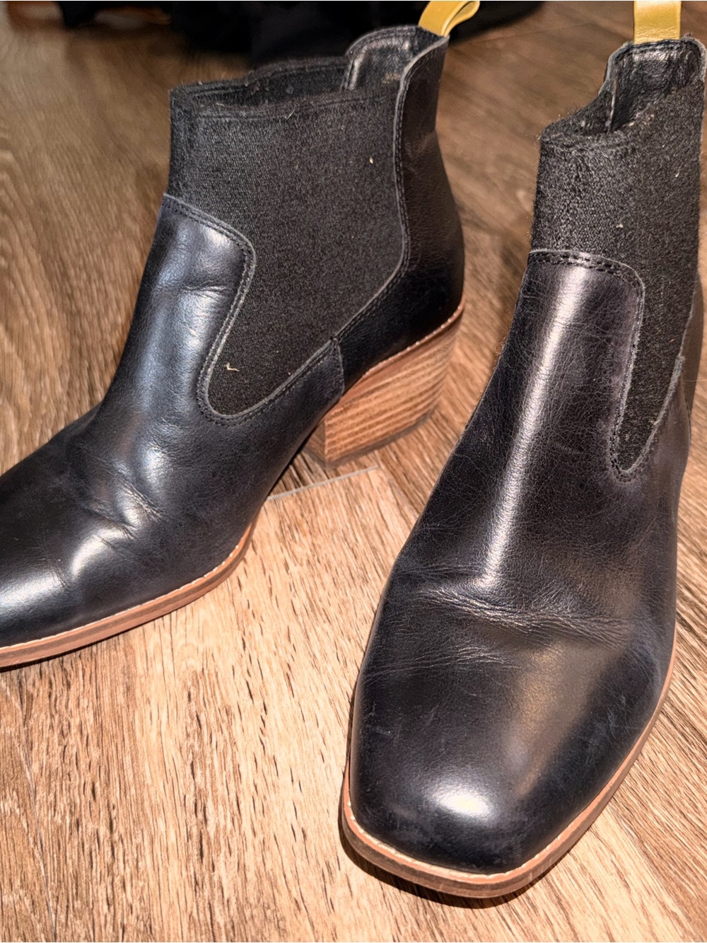 Crown Vintage Black Leather Chelsea Booties with Wood-Tone Heel
